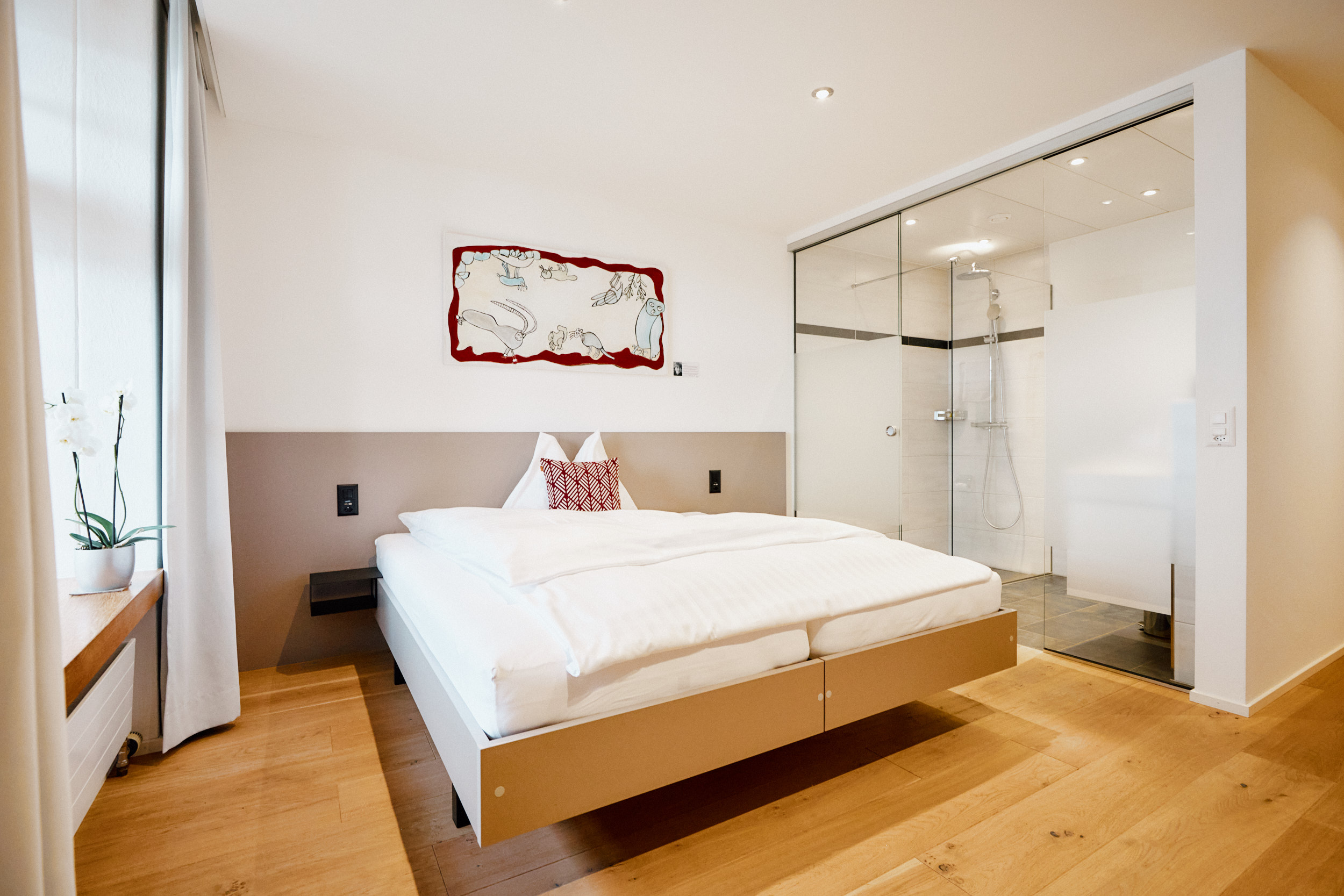 Helles und ruhiges Hotelzimmer mit Doppelbett und barrierefreier Dusche im Hotel zum Schneggen in Reinach AG